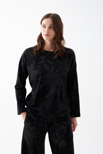 Akbeniz Kadın Oversize Siyah Çiçek Desenli Pamuklu Kalın Pijama Takımı