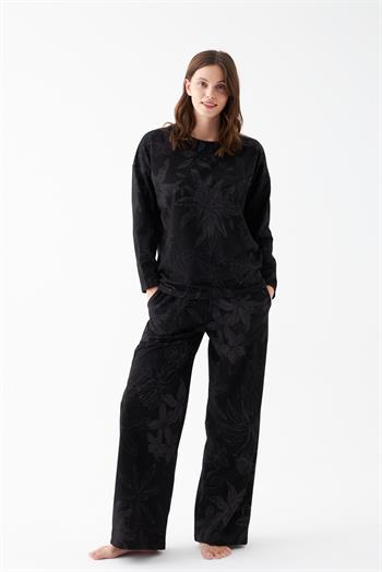 Akbeniz Kadın Oversize Siyah Çiçek Desenli Pamuklu Kalın Pijama Takımı