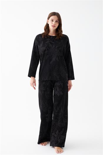 Akbeniz Kadın Oversize Siyah Çiçek Desenli Pamuklu Kalın Pijama Takımı