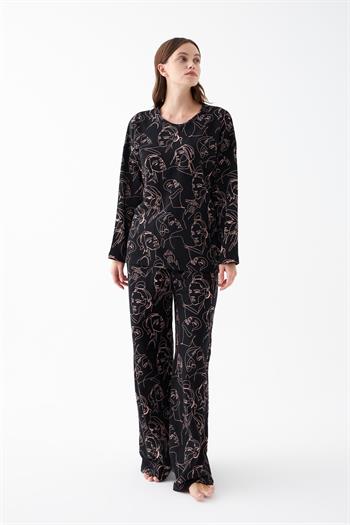 Akbeniz Kadın Oversize Siyah Line Art Desenli Pamuklu Kalın Pijama Takımı