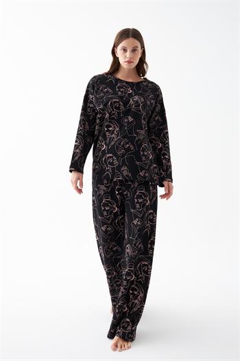 Akbeniz Kadın Oversize Siyah Line Art Desenli Pamuklu Kalın Pijama Takımı