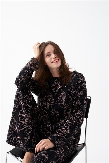 Akbeniz Kadın Oversize Siyah Line Art Desenli Pamuklu Kalın Pijama Takımı
