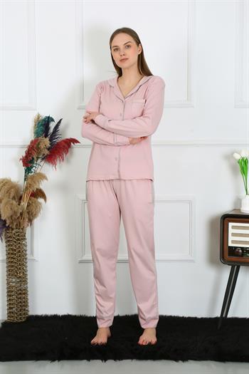 Akbeniz Kadın Pamuk Penye Önden Düğmeli Uzun Kol Pudra Pijama Takım 2782