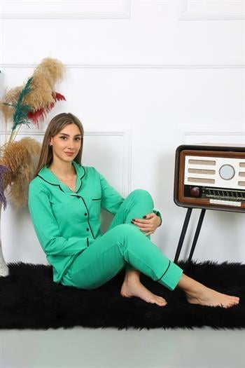 Akbeniz Kadın Pamuk Penye Önden Düğmeli Uzun Kol Yeşil Pijama Takım 2782