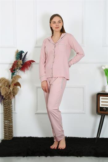 Akbeniz Kadın Pamuk Penye Önden Düğmeli Uzun Kol Pudra Pijama Takım 2782