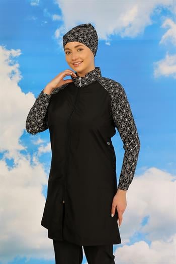 Akbeniz Kadın Pantolonlu Desenli Tam Tesettür Mayo Siyah 31072