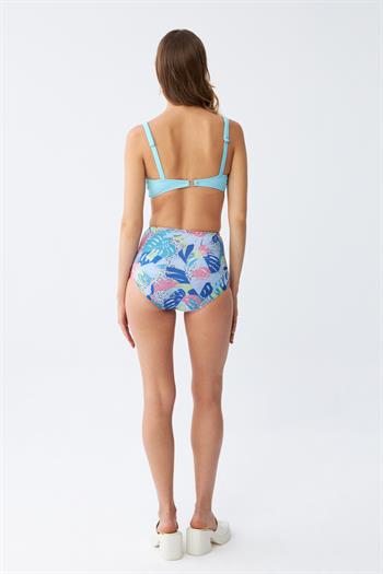 Akbeniz Kadın Pedli Üst Tropik Desenli Yüksek Bel Bikini Takımı - Buz Mavisi 
