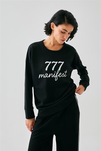 Akbeniz Kadın Siyah 777 Manifest Oversize 2 İplik Eşofman Ev Giyim Takımı