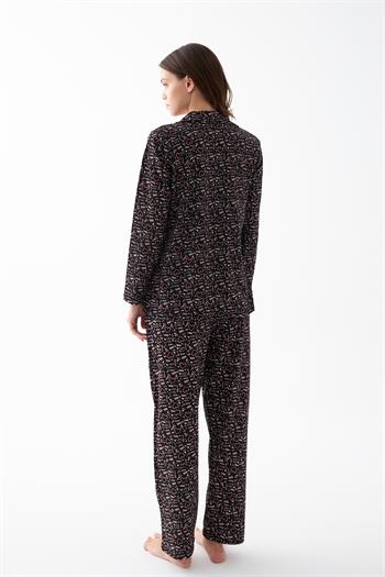 Akbeniz Kadın Siyah Düğmeli Kalp Desenli Pamuklu Pijama Takımı