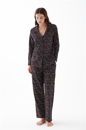 Akbeniz Kadın Siyah Düğmeli Kalp Desenli Pamuklu Pijama Takımı