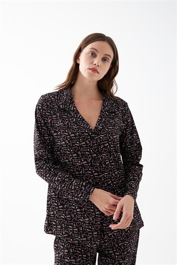 Akbeniz Kadın Siyah Düğmeli Kalp Desenli Pamuklu Pijama Takımı