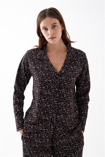 Akbeniz Kadın Siyah Düğmeli Kalp Desenli Pamuklu Pijama Takımı