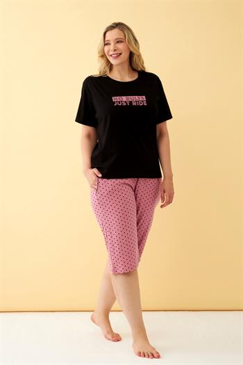 Akbeniz Kadın Siyah “No Rules Just Ride” Yazılı Büyük Beden Kapri Pijama Takımı