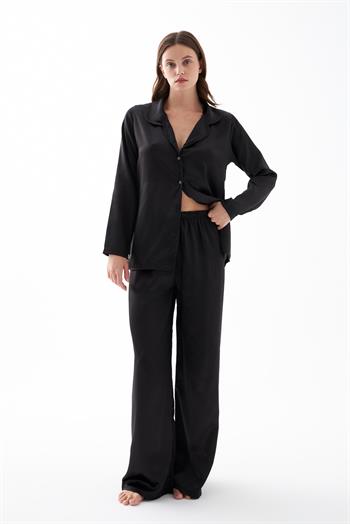Akbeniz Kadın Siyah Oversize Saten Pijama Takımı
