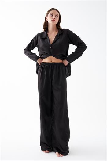 Akbeniz Kadın Siyah Oversize Saten Pijama Takımı