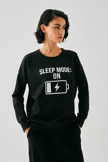 Akbeniz Kadın Siyah Sleep Mode ON Oversize 2 İplik Eşofman Ev Giyim Takımı
