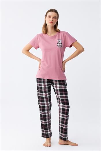 Akbeniz Kadın Somon Ayıcık Baskılı Ekoseli Penye Pijama Takımı