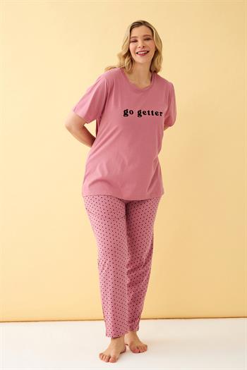 Akbeniz Kadın Somon Go Getter Yazılı Büyük Beden Pijama Takımı