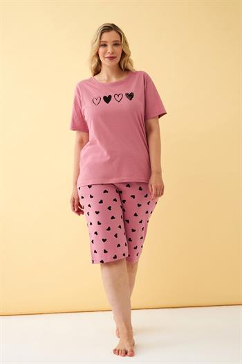 Akbeniz Kadın Somon Kalp Desenli Büyük Beden Kapri Pijama Takımı