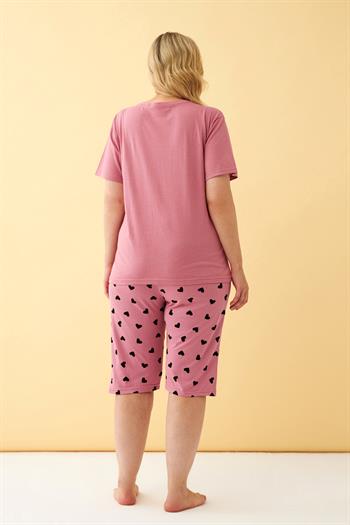 Akbeniz Kadın Somon Kalp Desenli Büyük Beden Kapri Pijama Takımı