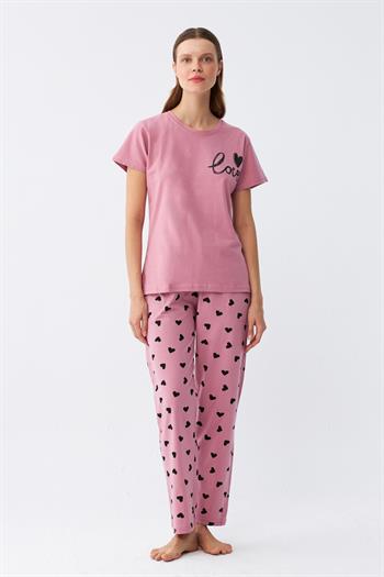 Akbeniz Kadın Somon Kalp Desenli Kısa Kollu Penye Pijama Takımı