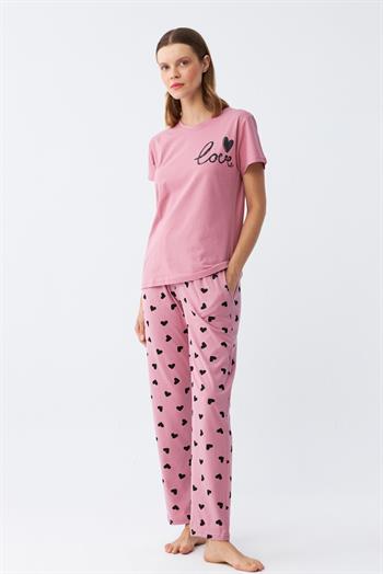 Akbeniz Kadın Somon Kalp Desenli Kısa Kollu Penye Pijama Takımı