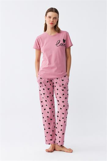 Akbeniz Kadın Somon Kalp Desenli Kısa Kollu Penye Pijama Takımı