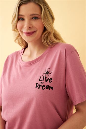 Akbeniz Kadın Somon “Live the Dream” Yazılı Büyük Beden Kapri Pijama Takımı