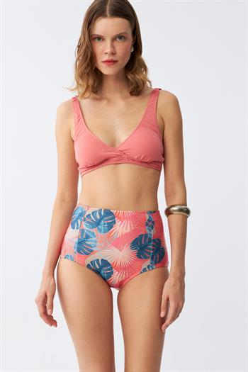 Akbeniz Kadın Somon Pedli Üst ve Tropik Desenli Yüksek Bel Bikini Takımı