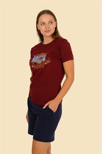Akbeniz Kadın Şortlu Kısa Kol Penye Pijama Takım Bordo 3622 
