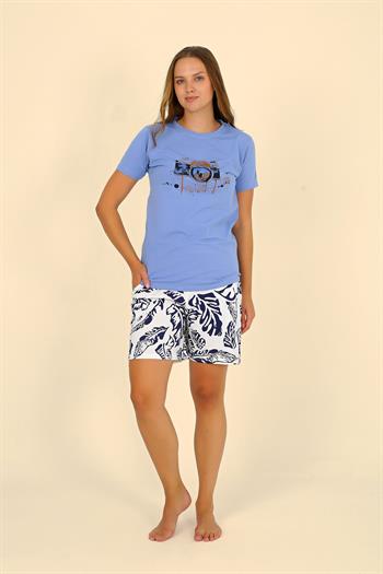 Akbeniz Kadın Şortlu Kısa Kol Penye Pijama Takımı Mavi 3622