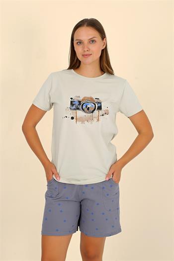 Akbeniz Kadın Şortlu Kısa Kol Penye Pijama Takımı Krem 3622