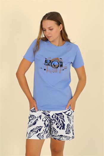 Akbeniz Kadın Şortlu Kısa Kol Penye Pijama Takımı Mavi 3622