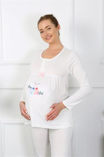 Akbeniz Kadın Uzun Kol Hamile Lohusa Pijama Takımı Ekru 45501
