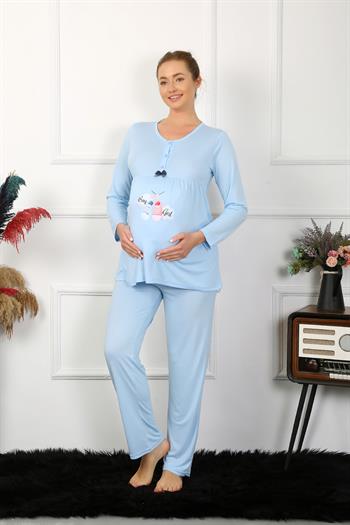 Akbeniz Kadın Uzun Kol Hamile Lohusa Pijama Takımı Mavi 45501
