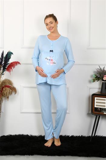 Akbeniz Kadın Uzun Kol Hamile Lohusa Pijama Takımı Mavi 45501