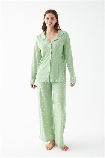 Akbeniz Kadın Yeşil Kalp Desenli Düğmeli Pamuklu Pijama Takımı