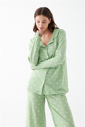 Akbeniz Kadın Yeşil Kalp Desenli Düğmeli Pamuklu Pijama Takımı