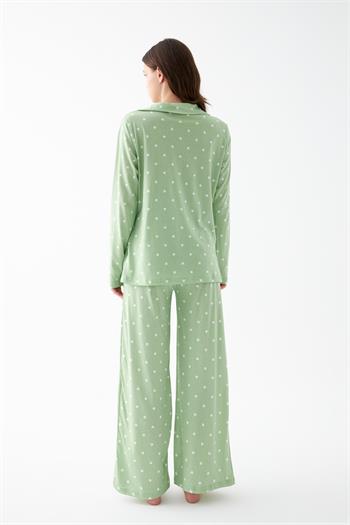Akbeniz Kadın Yeşil Kalp Desenli Düğmeli Pamuklu Pijama Takımı