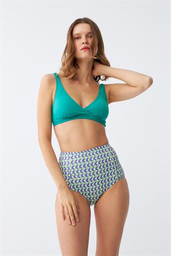 Akbeniz Kadın Yeşil Pedli Geometrik Desenli Yüksek Bel Bikini Takımı