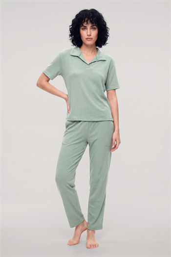 Akbeniz Kadın Yeşil Polo Yaka Pijama Takımı