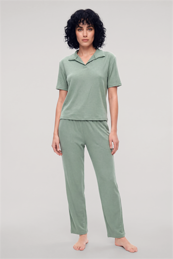 Akbeniz Kadın Yeşil Polo Yaka Pijama Takımı