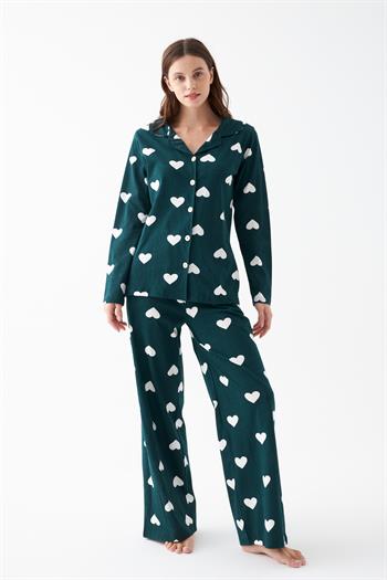 Akbeniz Kadın Zümrüt Yeşili Kalp Desenli Düğmeli Pamuklu Pijama Takımı