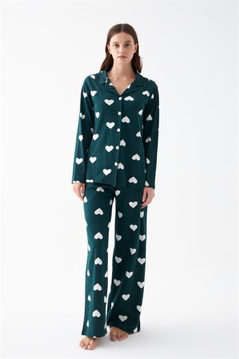 Akbeniz Kadın Zümrüt Yeşili Kalp Desenli Düğmeli Pamuklu Pijama Takımı