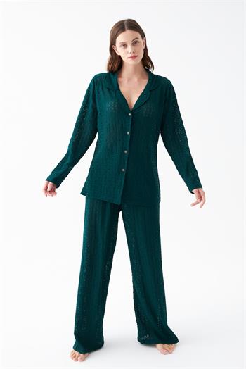 Akbeniz Kadın Zümrüt Yeşili Önden Düğmeli Rahat Kesim Pijama Takımı