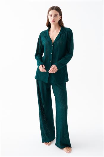 Akbeniz Kadın Zümrüt Yeşili Önden Düğmeli Rahat Kesim Pijama Takımı