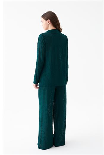Akbeniz Kadın Zümrüt Yeşili Önden Düğmeli Rahat Kesim Pijama Takımı