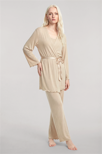 Akbeniz Kısa Kimono 3lü Takım Bej