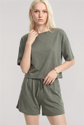 Akbeniz Kısa Kollu Şortlu Pijama Takımı Haki