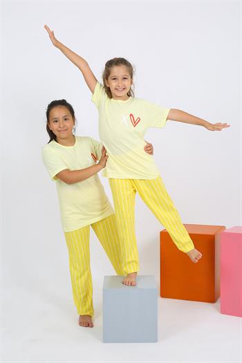 Akbeniz Kız Çocuk Kısa Kol Sarı Penye Pijama Takım 20432